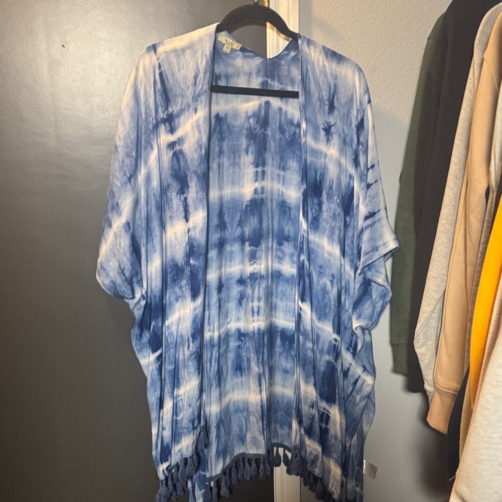 Kori Blue and White Tie-Dye Kimono with Tassels